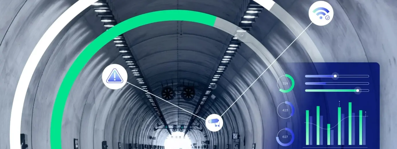 tunnel con grafico e linee verdi e bianche con simboli